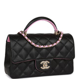 Chanel Mini Rectangular Flap Bag with Top Handle Black and Pink Lambskin Light Gold Hardware