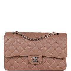 Pre-owned Chanel Medium Classic Double Flap Bag Beige Caviar Silver Hardware