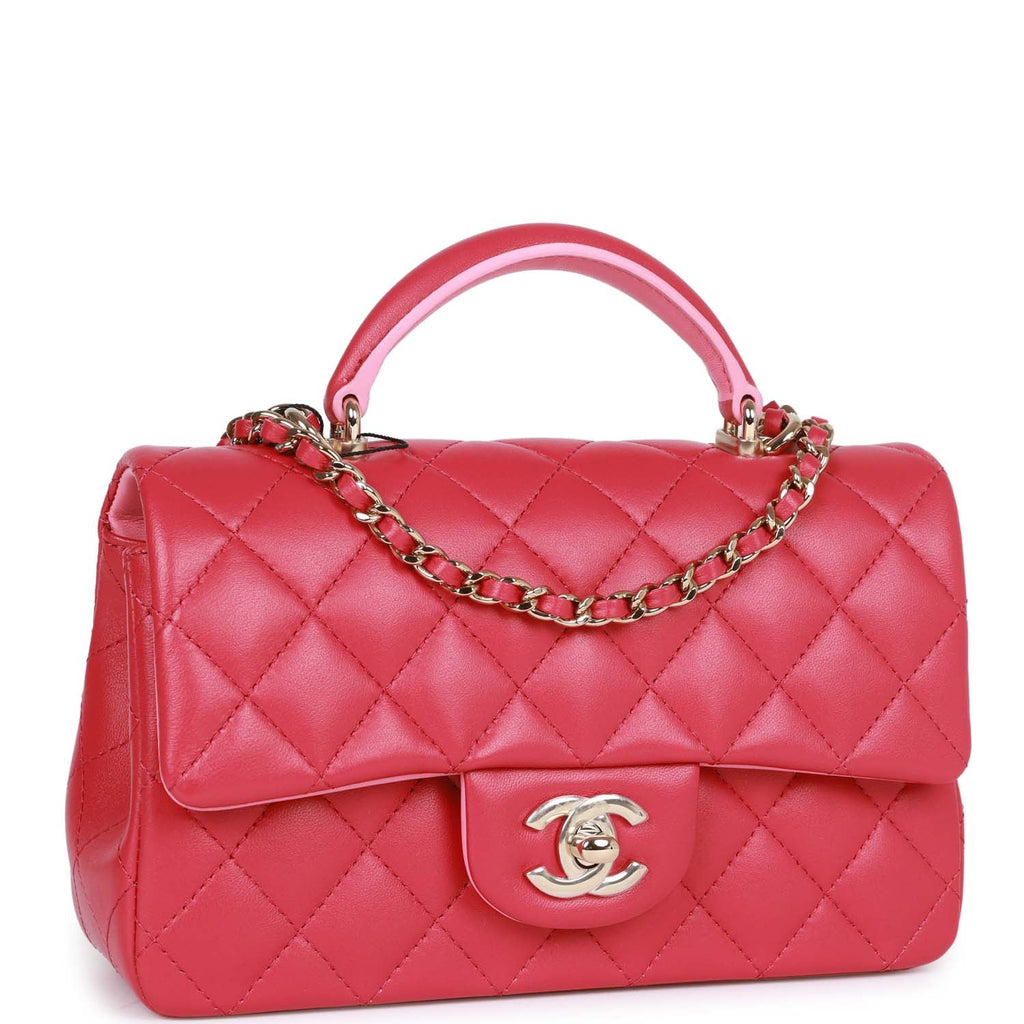 pink chanel flap bag with top handle handbag