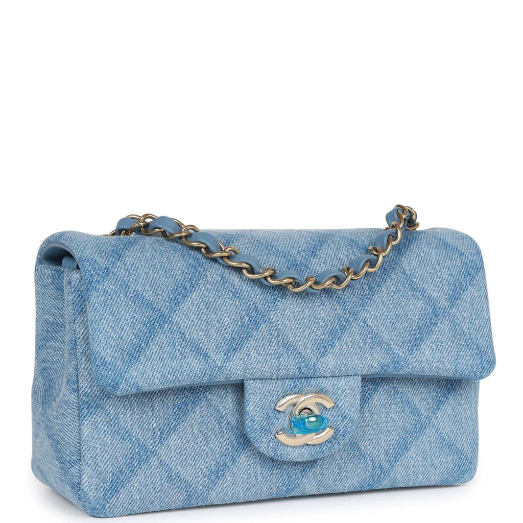 Chanel Mini Rectangular Flap Bag Blue Denim Light Gold Hardware
