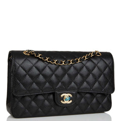 Chanel Medium Classic Double Flap Bag Black Quilted Caviar Gold Hardware