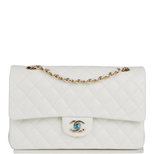 Chanel Medium Classic Double Flap Bag White Quilted Caviar Light Gold Hardware