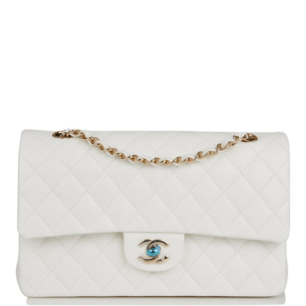 Chanel White Quilted Caviar Medium Classic Double Flap Bag Light Gold ...