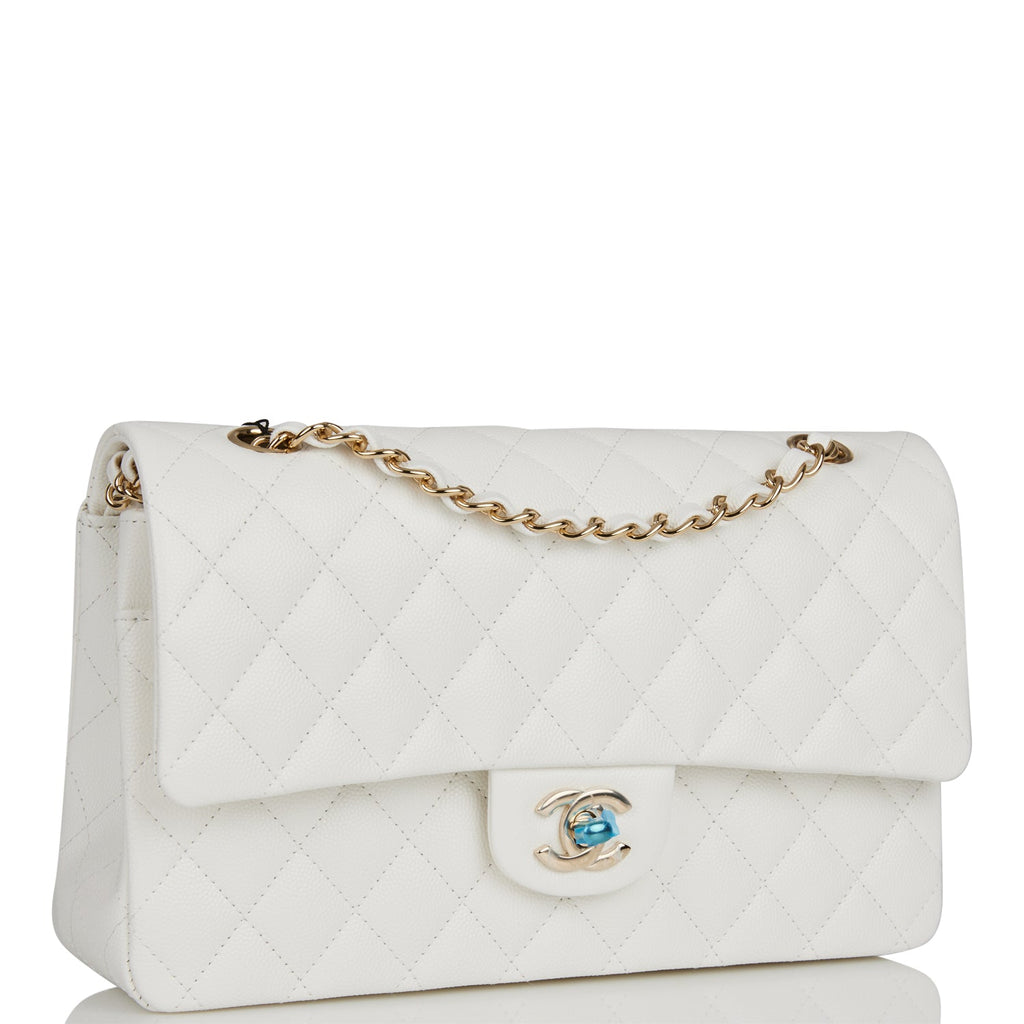 Chanel Medium Classic Double Flap Bag White Quilted Caviar Light Gold  Hardware