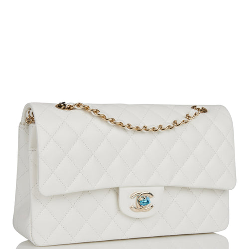 Chanel Medium Classic Double Flap Bag White Quilted Caviar Light Gold Hardware