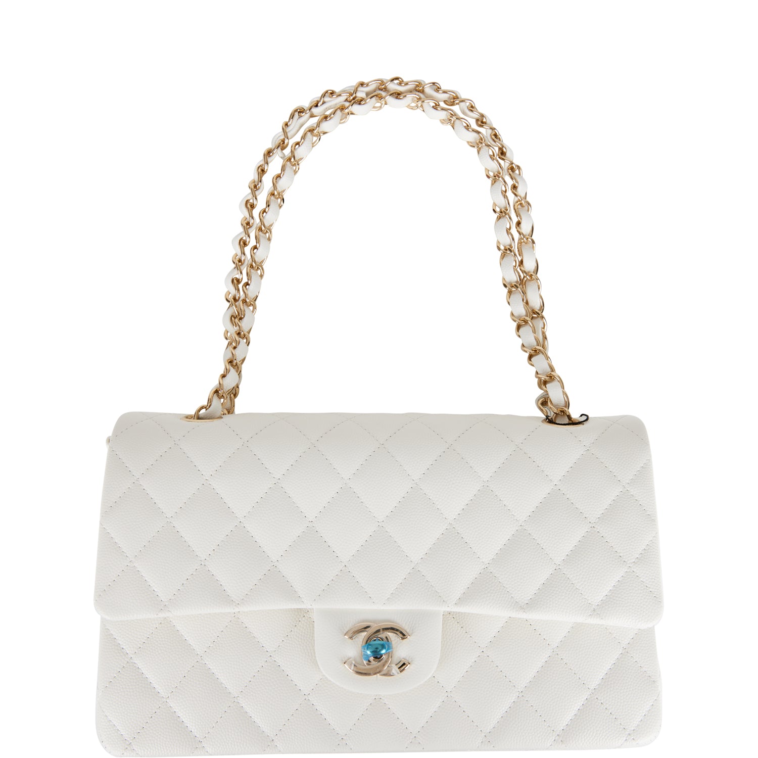 Chanel White Quilted Caviar Medium Classic Double Flap Bag Light Gold ...