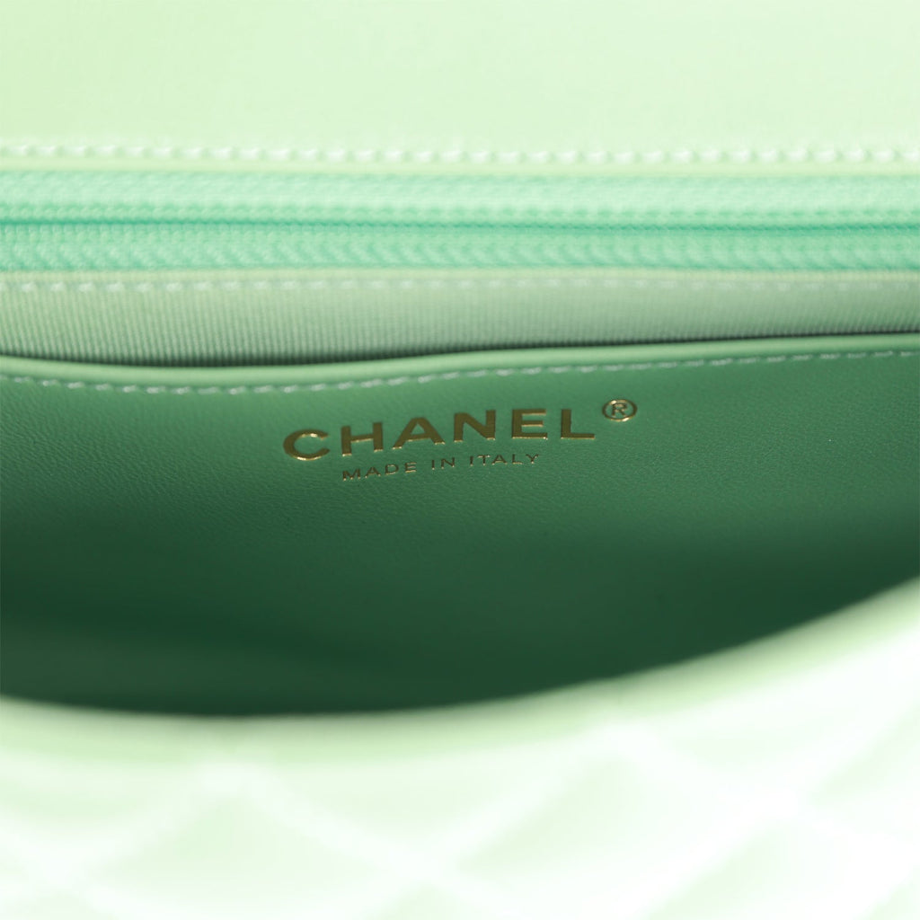 Chanel timeless double flap bag in turquoise Lambskin with gold hardware.