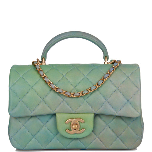 Chanel Mini Rectangular Flap Bag with Top Handle Green Ombre Lambskin Antique Gold Hardware