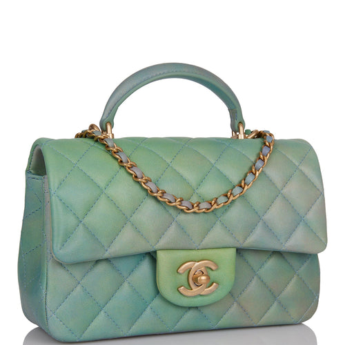 Chanel Mini Rectangular Flap Bag with Top Handle Green Ombre Lambskin Antique Gold Hardware