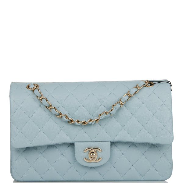 Light Blue Quilted Caviar Medium Classic Double Flap Pale Gold Hardware,  2022