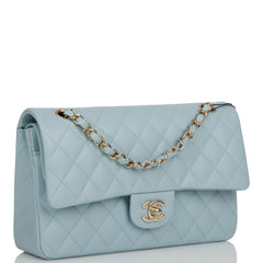 Chanel Medium Classic Double Flap Bag Blue Quilted Caviar Light Gold Hardware