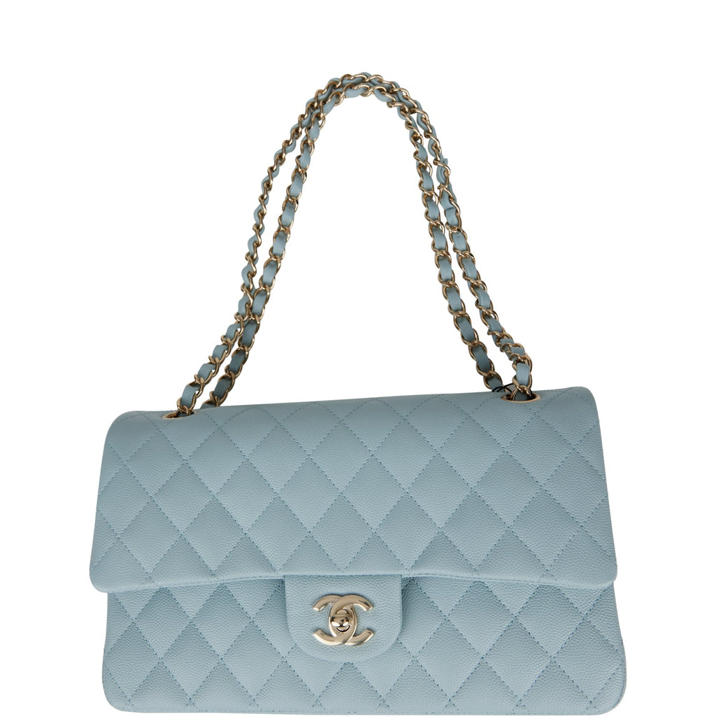 Chanel Small Classic Double Flap Bag Tiffany Blue Caviar Light Gold Ha –  Madison Avenue Couture