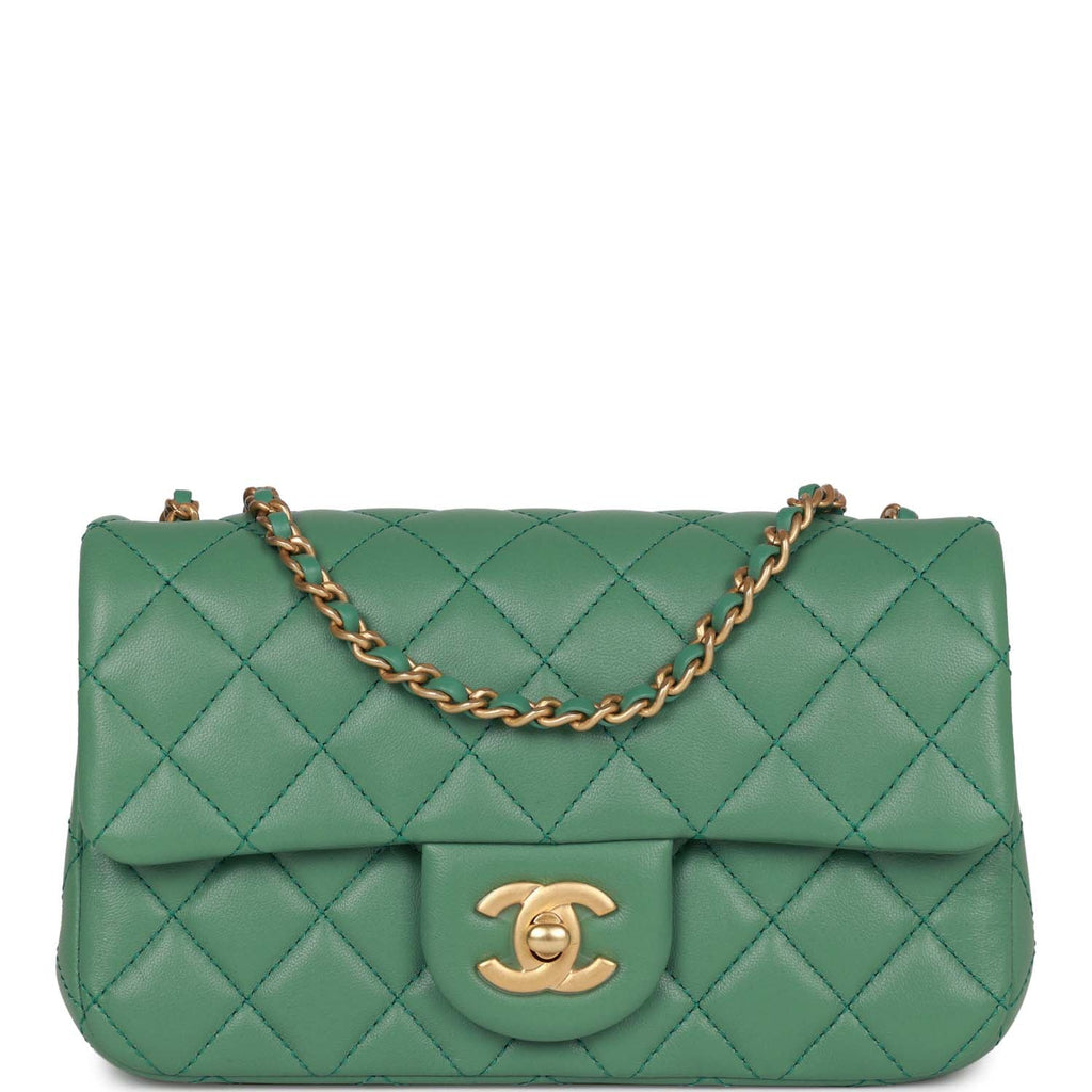 Chanel Pearl Crush Mini Rectangular Flap Bag Dark Green Lambskin Antique  Gold Hardware