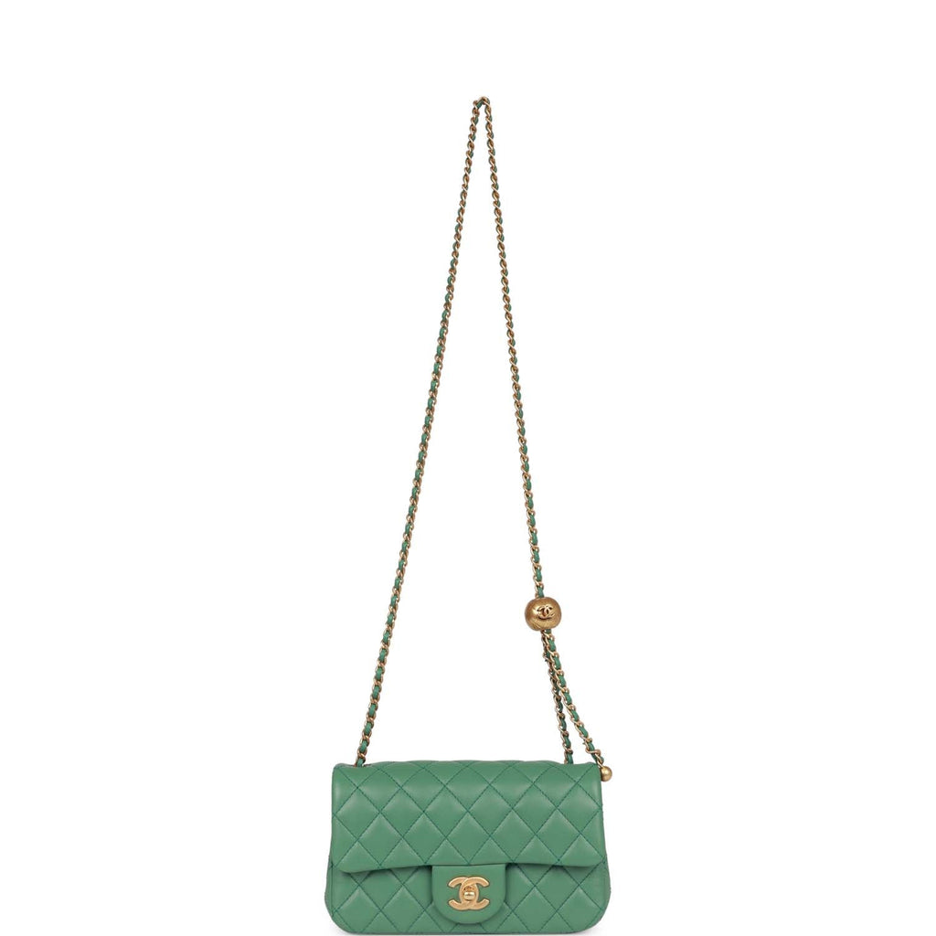Chanel Pearl Crush Mini Rectangular Flap Bag Dark Green Lambskin Antique Gold Hardware
