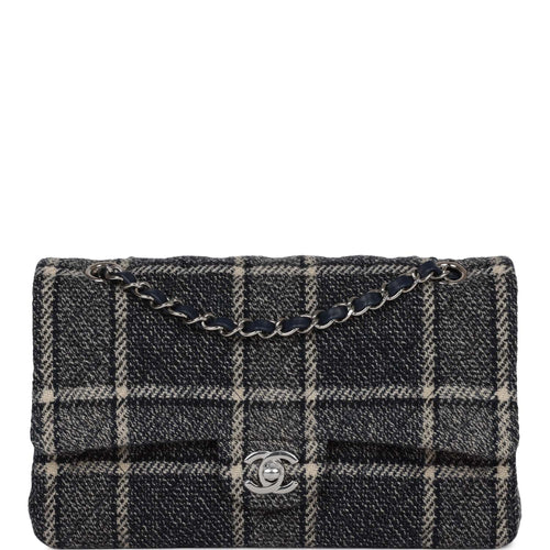 Chanel Medium Classic Double Flap Bag Navy Tweed Silver Hardware