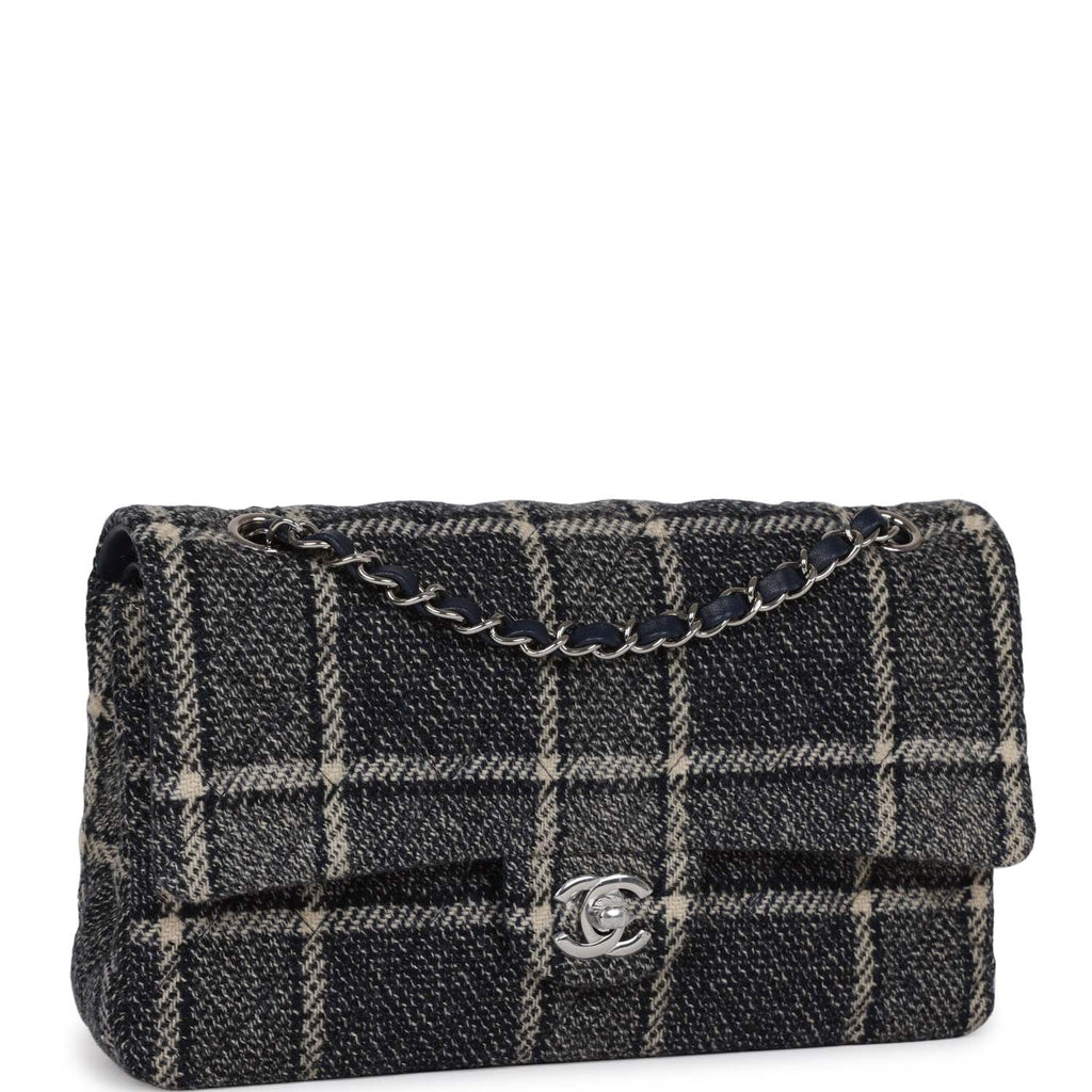Chanel Navy Tweed Medium Classic Double Flap Bag Silver Hardware