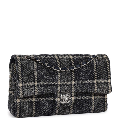 Chanel Medium Classic Double Flap Bag Navy Tweed Silver Hardware