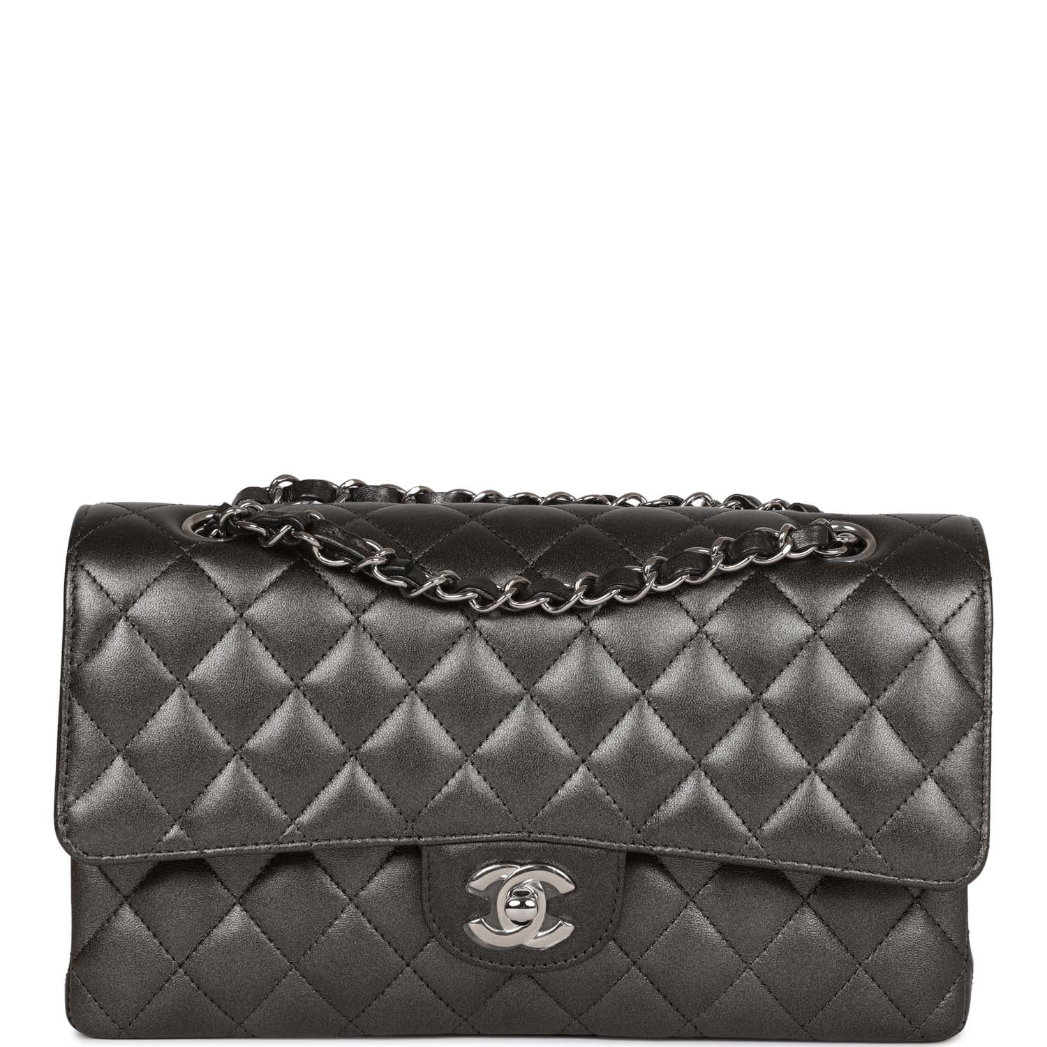 Chanel Medium Classic Double Flap Bag Metallic Grey Lambskin Silver Ha ...