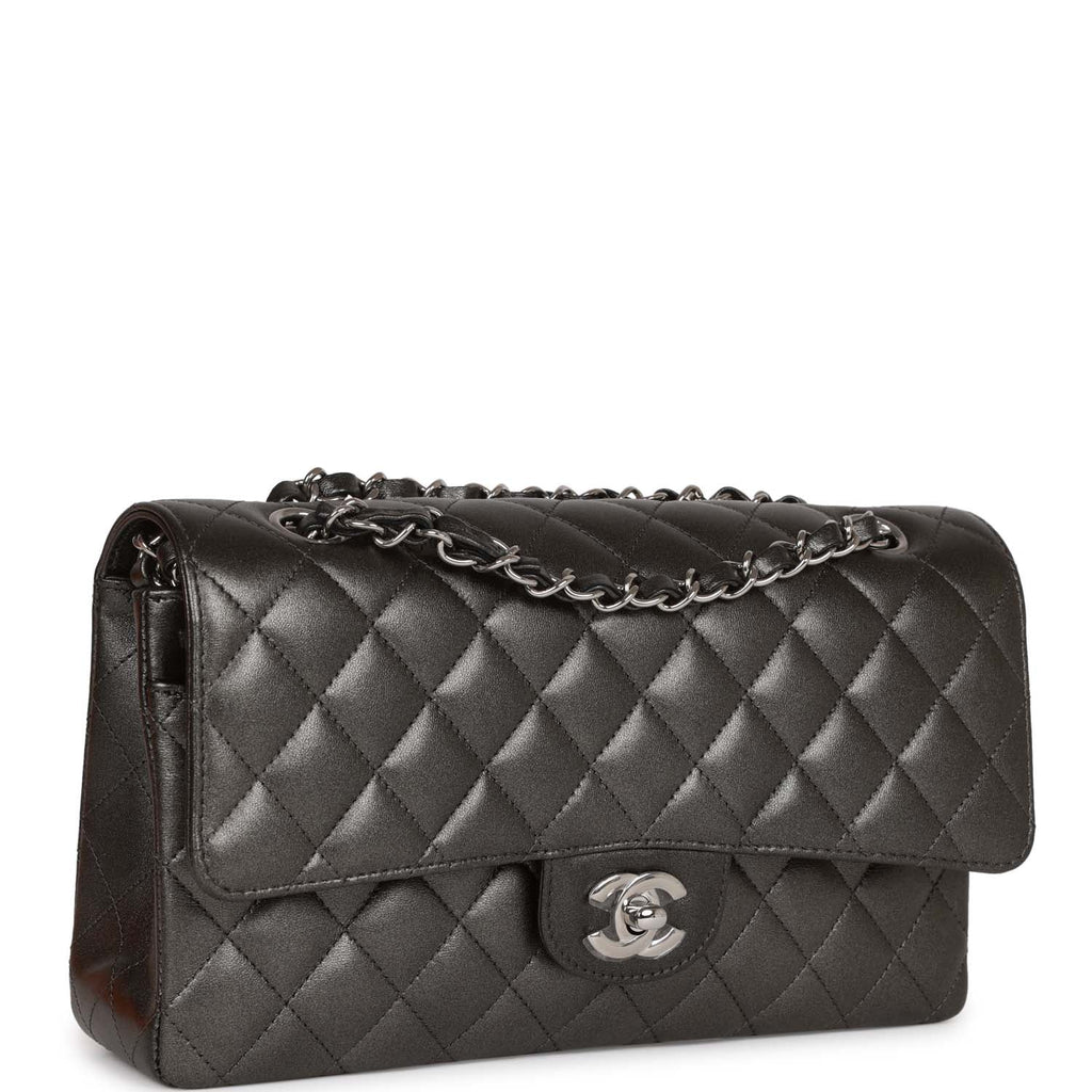 Woman With Black Chanel Leather Bag With Silver Chain Stock Photo