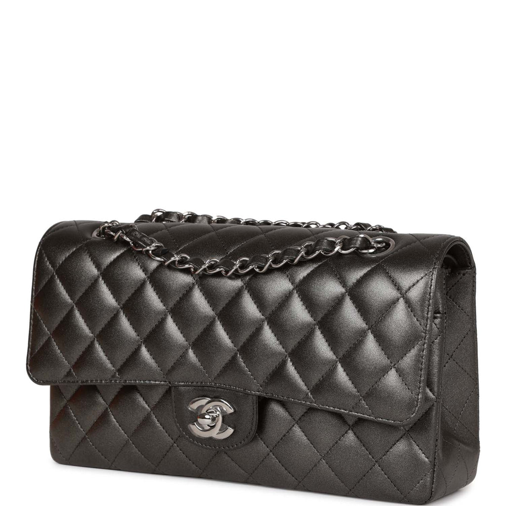 Chanel Medium Classic Double Flap Bag Metallic Grey Lambskin Silver Ha ...