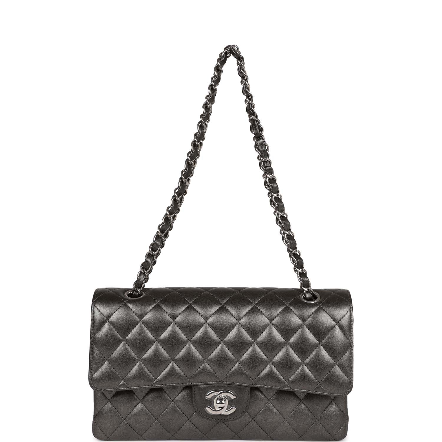 Chanel Medium Classic Double Flap Bag Metallic Grey Lambskin Silver Ha