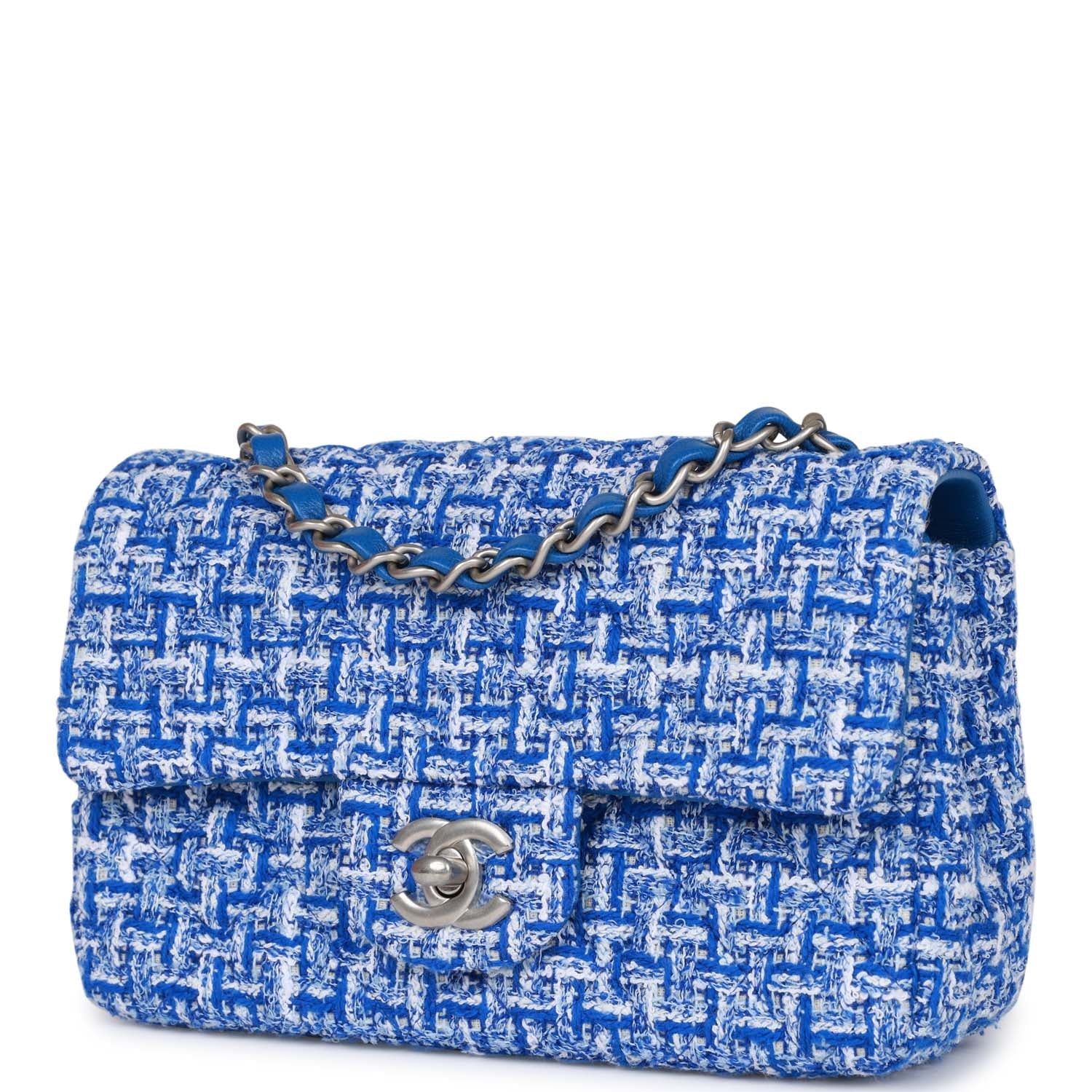 Chanel Mini Rectangular Flap Bag Blue Tweed Aged Silver Hardware ...