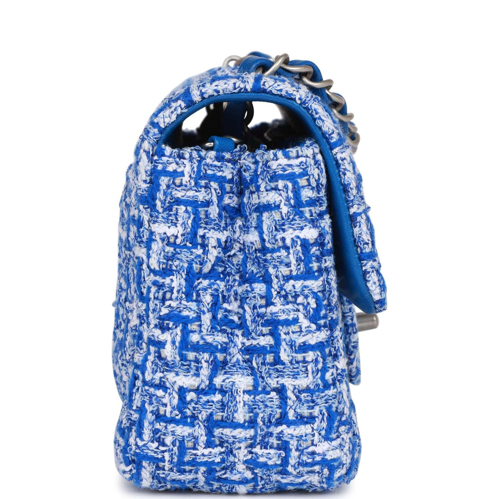 Chanel Mini Rectangular Flap Bag Blue Tweed Aged Silver Hardware