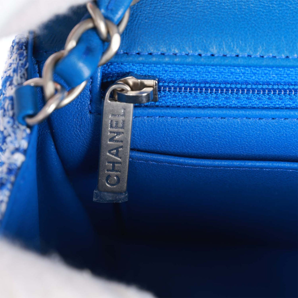 Tweed, Braid & Silver-Tone Metal Blue & White Mini Flap Bag, CHANEL