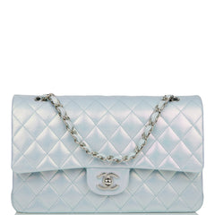 Chanel Medium Classic Double Flap Bag Blue Iridescent Lambskin Silver Hardware