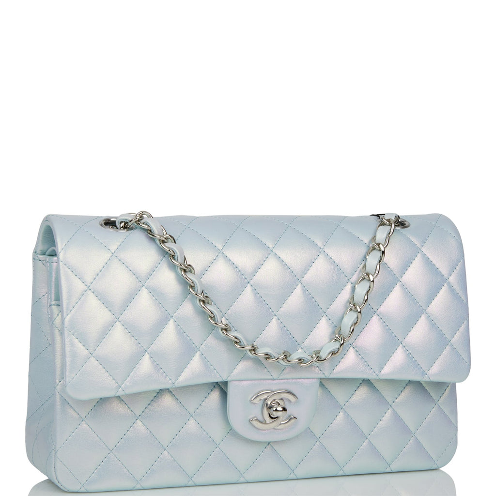 Chanel Medium Classic Double Flap Bag Blue Iridescent Lambskin Silver Hardware
