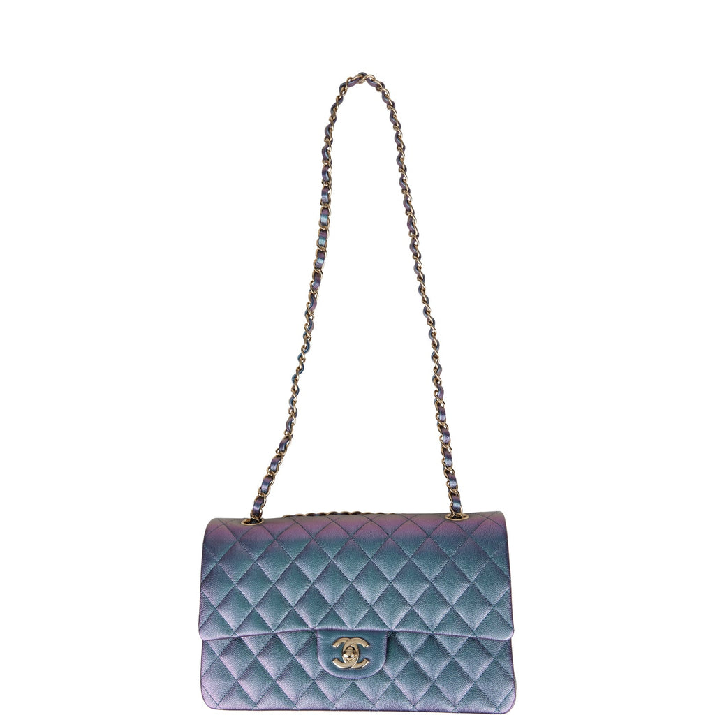 Chanel Medium Classic Double Flap Bag Blue Iridescent Caviar Light Gold Hardware