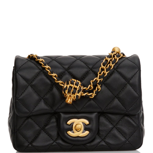 Chanel Pearl Crush Mini Square Flap Bag Black Lambskin Antique Gold Hardware