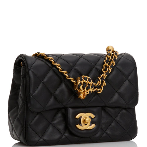 Chanel Pearl Crush Mini Square Flap Bag Black Lambskin Antique Gold Hardware