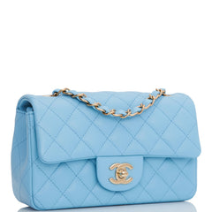 Chanel Mini Rectangular Flap Bag Blue Lambskin Light Gold Hardware