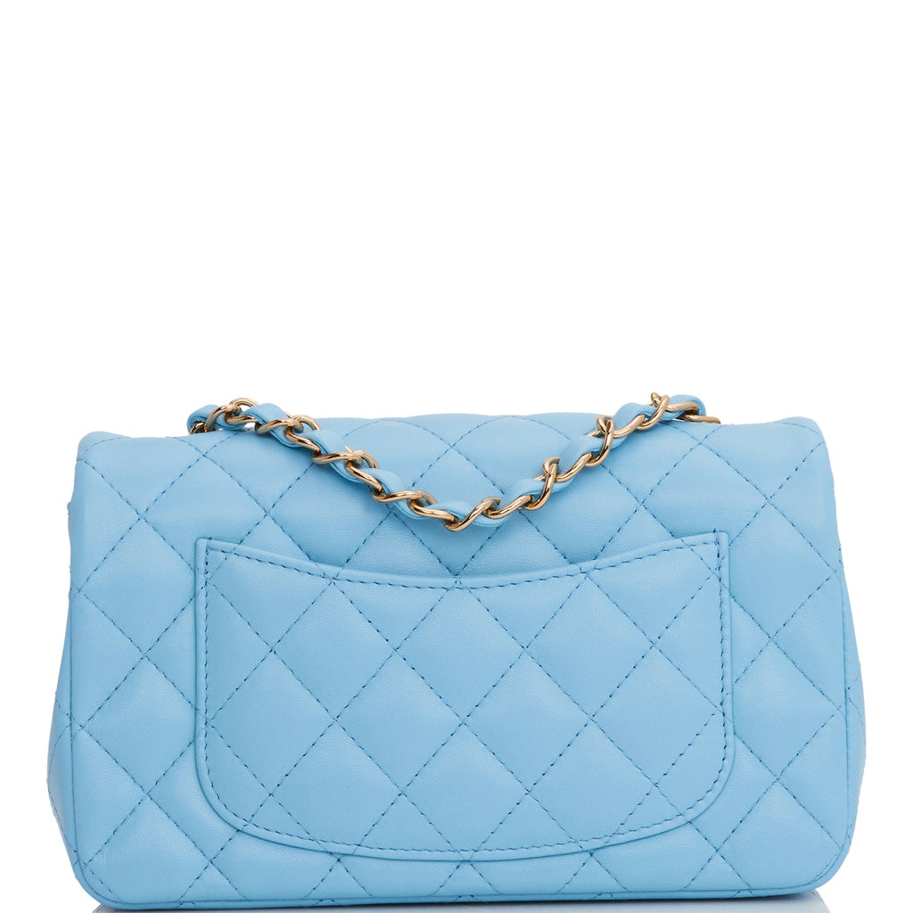Chanel Light Blue Quilted Lambskin Mini Square Classic Flap Pale Gold Hardware, 2022 (Like New), Womens Handbag