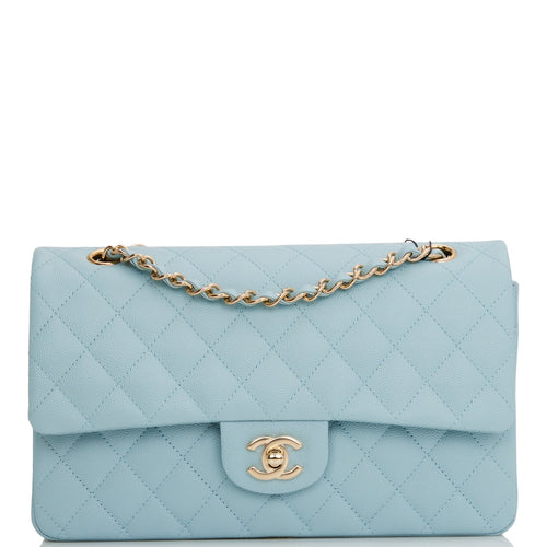 Chanel Medium Classic Double Flap Bag Blue Quilted Caviar Light Gold Hardware