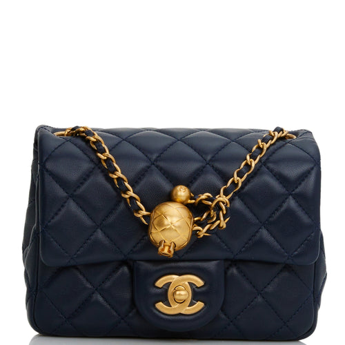 Chanel Pearl Crush Mini Square Flap Bag Navy Blue Lambskin Antique Gold Hardware
