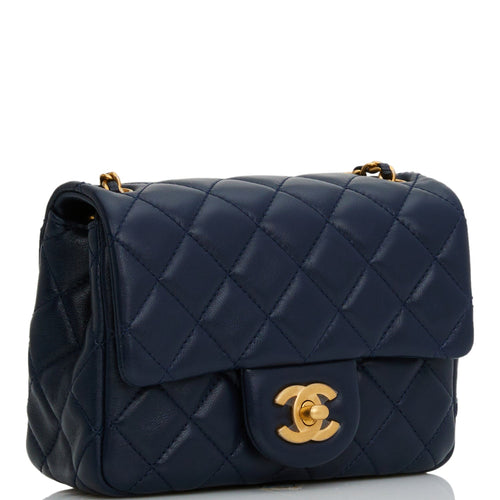 Chanel Pearl Crush Mini Square Flap Bag Navy Blue Lambskin Antique Gold Hardware
