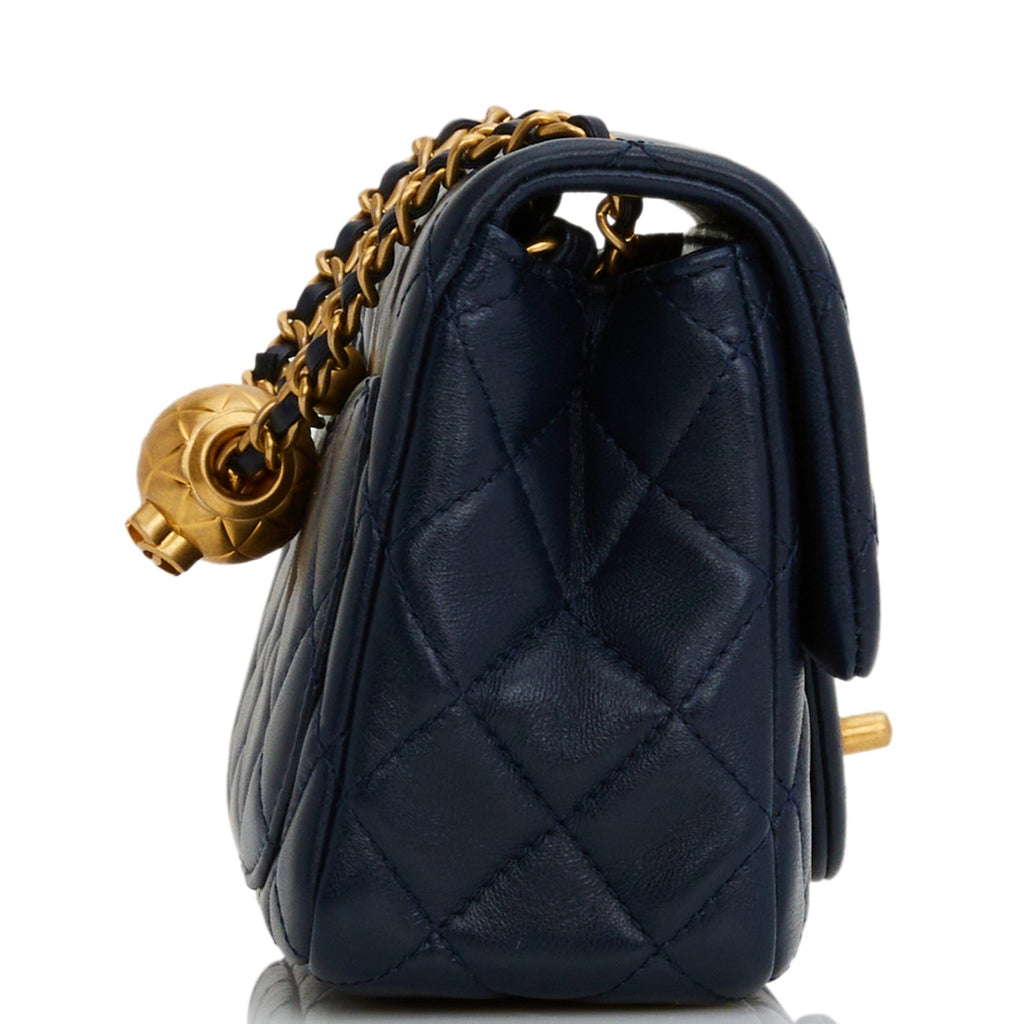 Chanel Pearl Crush Mini Square Flap Bag Navy Blue Lambskin Antique Gold Hardware