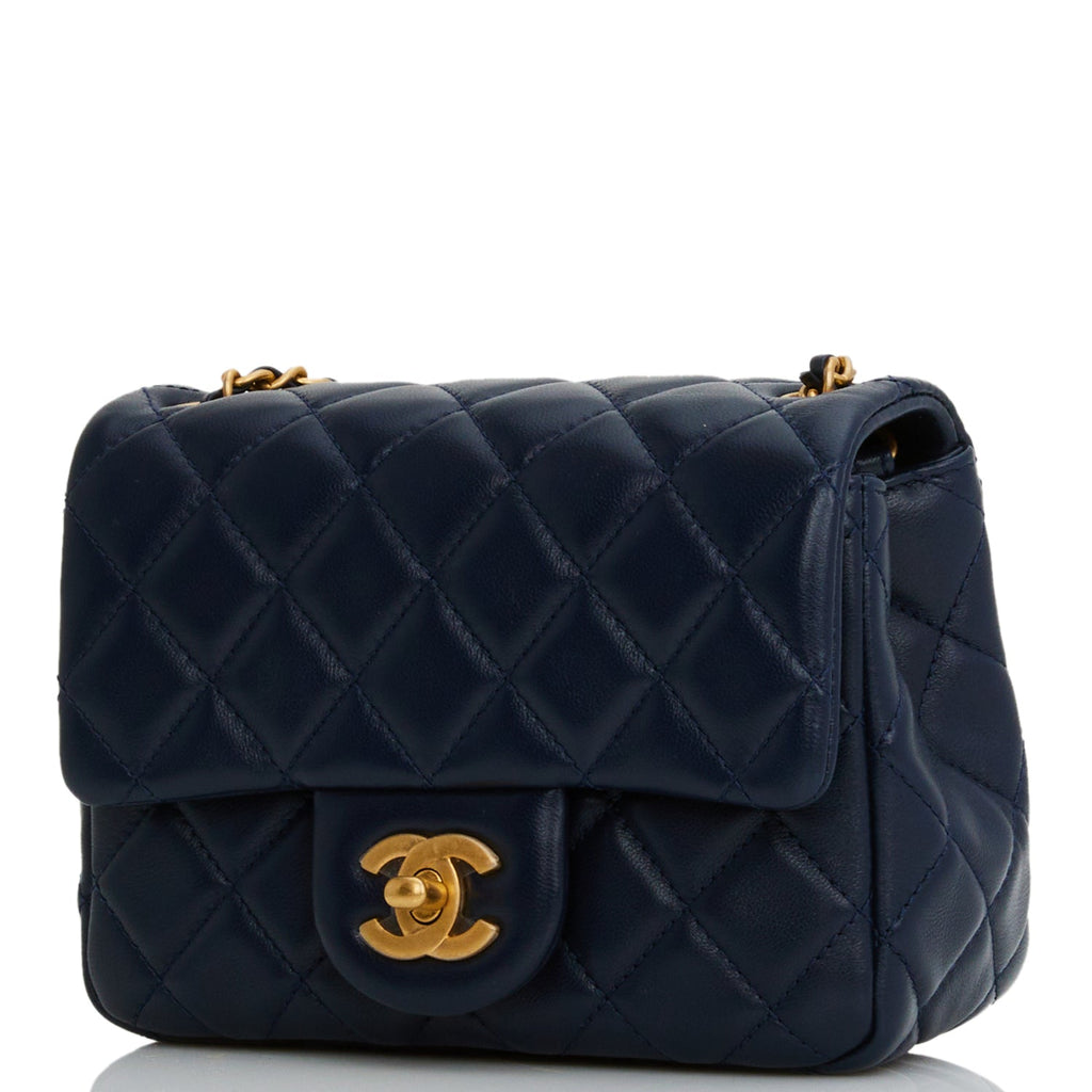 Chanel Pearl Crush Mini Square Flap Bag Navy Blue Lambskin Antique Gold  Hardware