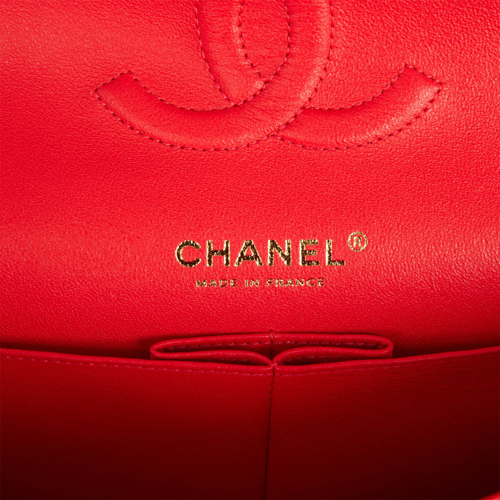 Chanel Medium Classic Double Flap Bag Red Lambskin Antique Gold Hardware