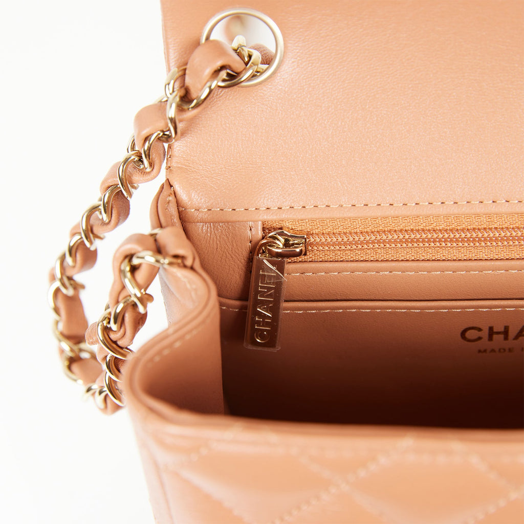 Chanel Mini Square Flap Bag Caramel Lambskin Light Gold Hardware