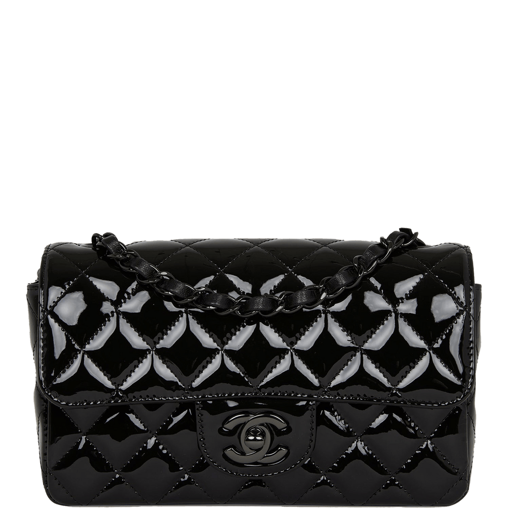 Chanel Black Quilted Rare Mini Classic Patent Flap Bag Silver