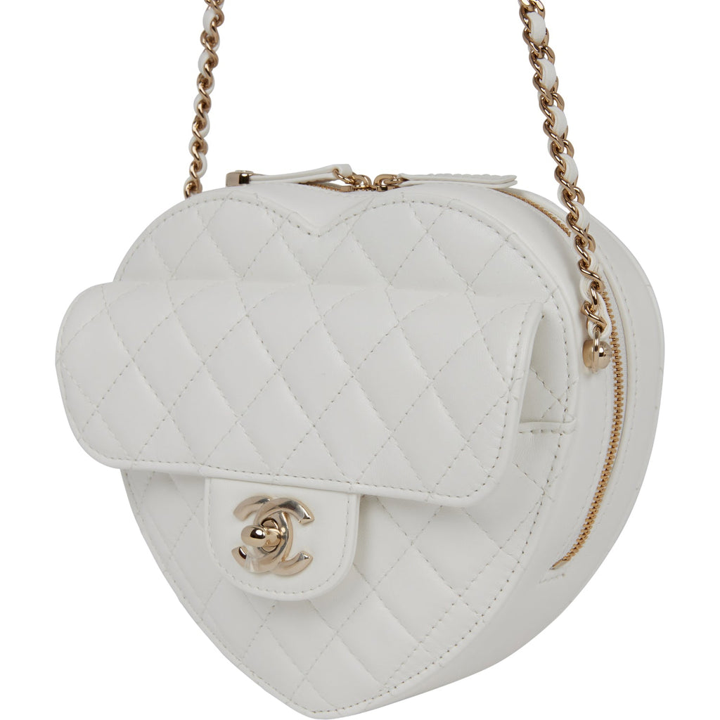 Chanel White Lambskin CC in Love Heart Clutch with Chain