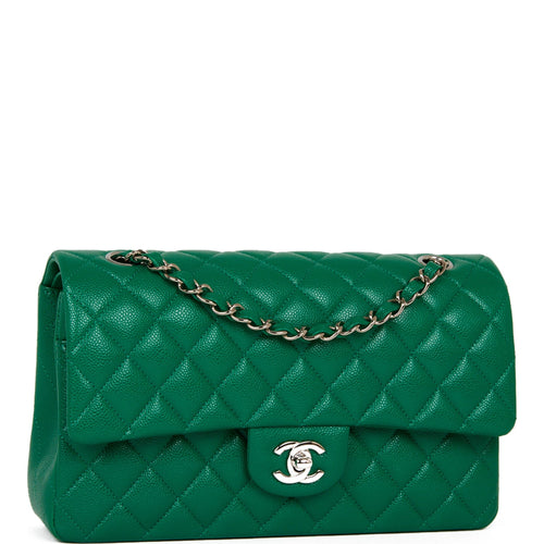 Chanel Medium Classic Double Flap Bag Green Caviar Silver Hardware
