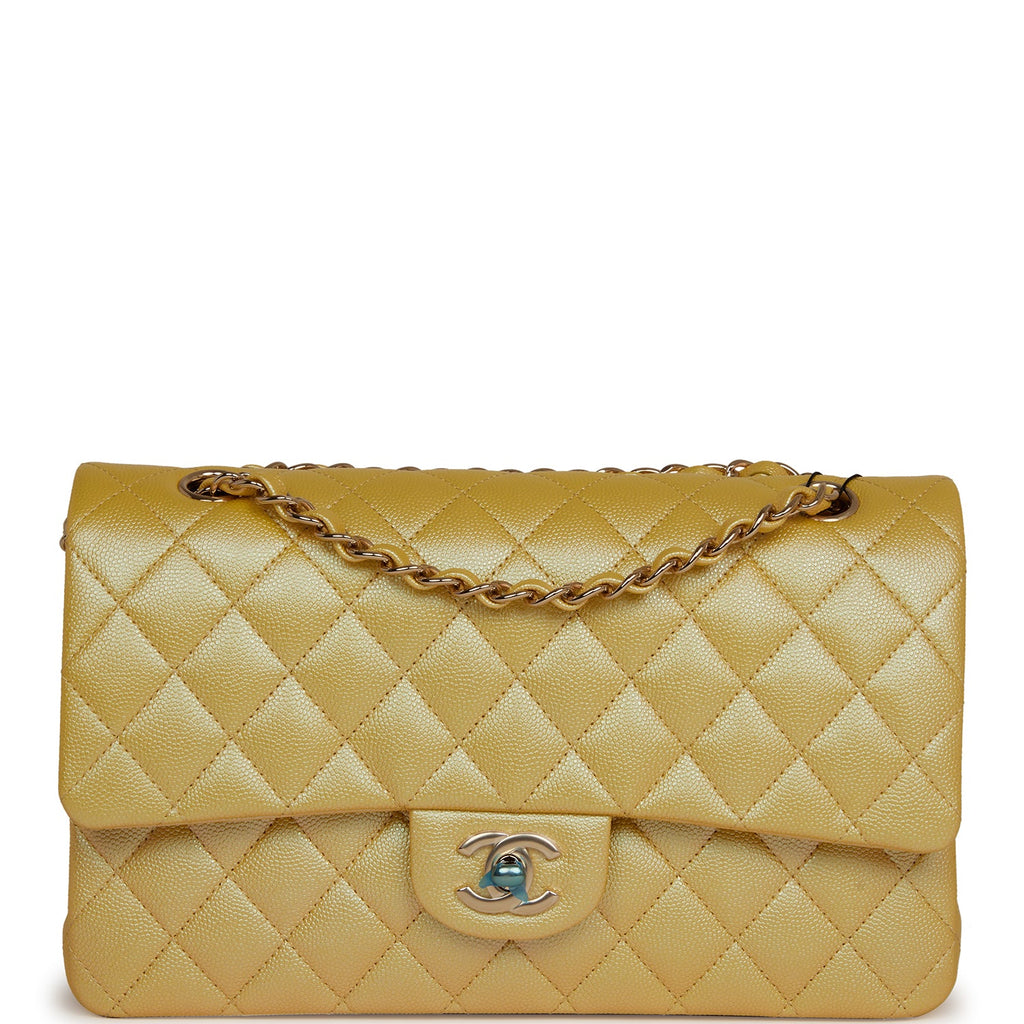 Chanel Medium Classic Double Flap Bag Yellow Iridescent Caviar Light Gold Hardware