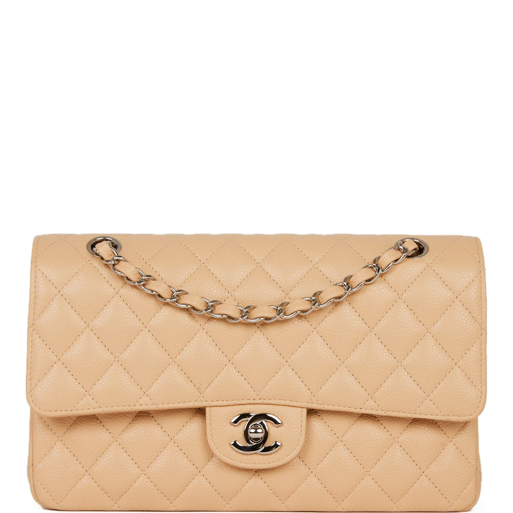 Pre-owned Chanel Medium Classic Double Flap Bag Beige Caviar Silver Hardware