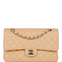 Pre-owned Chanel Medium Classic Double Flap Bag Beige Caviar Silver Hardware