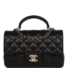 Chanel Mini Rectangular Flap Bag with Top Handle Black Lambskin Light Gold Hardware