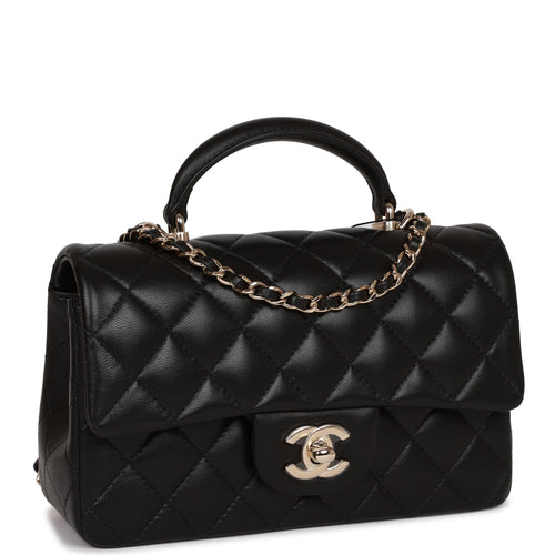 Chanel Mini Rectangular Flap Bag with Top Handle Black Lambskin Light Gold Hardware